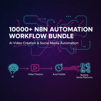 Create a high-end marketing banner for an automation bundle.

Dark purple gradient background with neon highlights.

Show complex automation workflows with connected nodes.
Icons of AI, video, social media platforms.

Main bold text:
"10000+ N8N Automation Workflow Bundle"

Sub text:
"AI Video Creation & Social Media Automation"

Visuals should show:
AI → Video Creation → Auto Publish → Multiple Social Platforms

Professional SaaS product, modern typography, premium digital asset look.
Aspect ratio 1:1
