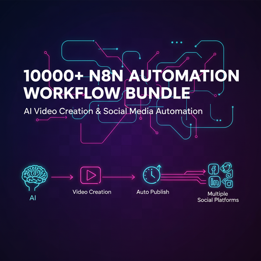 Create a high-end marketing banner for an automation bundle.

Dark purple gradient background with neon highlights.

Show complex automation workflows with connected nodes.
Icons of AI, video, social media platforms.

Main bold text:
"10000+ N8N Automation Workflow Bundle"

Sub text:
"AI Video Creation & Social Media Automation"

Visuals should show:
AI → Video Creation → Auto Publish → Multiple Social Platforms

Professional SaaS product, modern typography, premium digital asset look.
Aspect ratio 1:1
